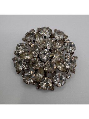 Vintage Clear Rhinestone Cluster Brooch Round Silver Tone 2.5 Inch Pin